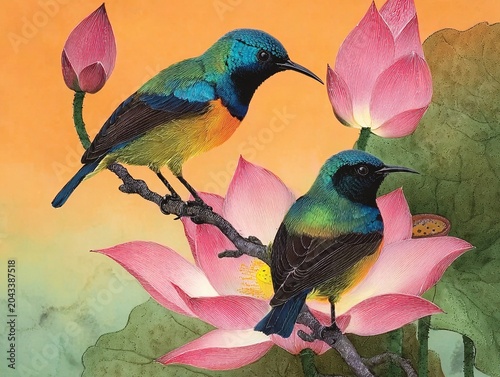 Oriental Nature Illustration Featuring Sunbirds, Lotus Flowers and Subtle Gradient Sky