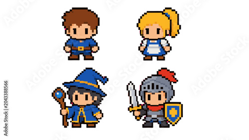 Foto Pixel art fantasy character set with hero, girl, mage and knight