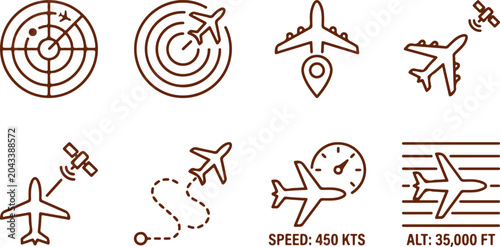 Airplane and aviation icons radar airplane flight path speed altitude and satellite connection.