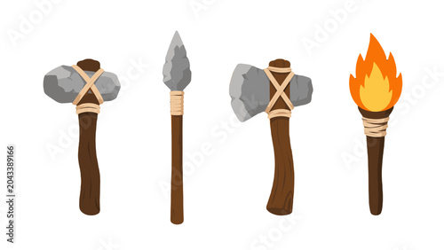 Fotografía Primitive stone tools set with hammers spear and torch