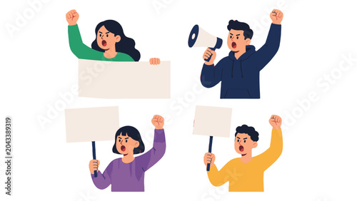 Принти на полотні Protesting people holding blank banners in flat vector style