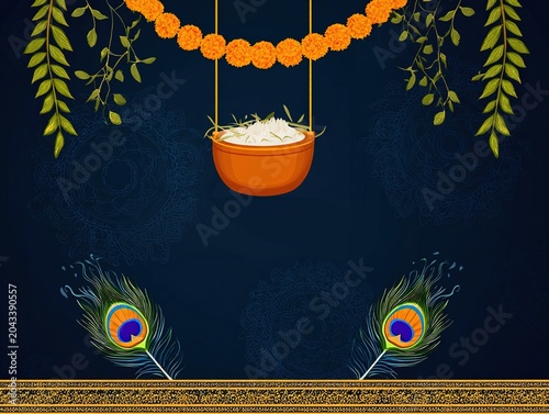 Orange matki pot with butter hanging from strings marigold garlands peacock feathers gold frames dark blue black gradient background happy janmashtami text