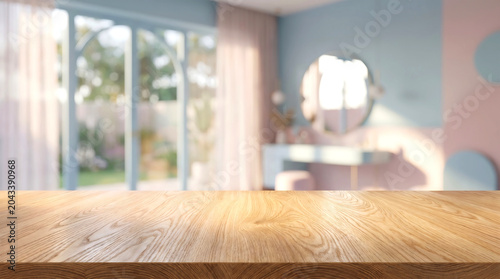 Wood table surface mockup for product display in blurred pastel bedroom interior background with feminine decor