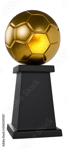 golden soccer trophy on dark pedestal