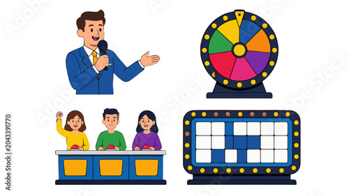 Fotografie Quiz show vector set with host, contestants, wheel and puzzle board