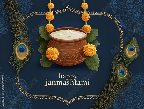 Orange matki pot with butter hanging from strings marigold garlands peacock feathers gold frames dark blue black gradient background happy janmashtami text