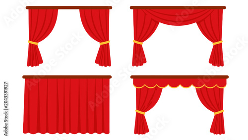 Naklejka Set of red stage curtains and drapes on white background