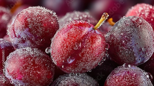 Close up Macro Shot of Ripe Red Plums Covered in Tiny Water Droplets on a Stalk