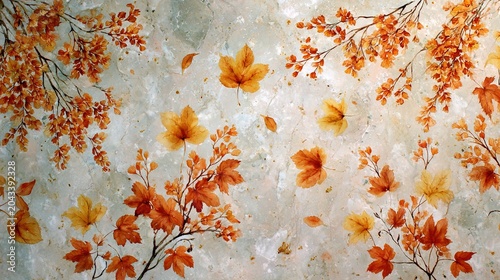 Watercolor autumn leaves and branches on textured paper warm peach orange background floating maple leaves burnt orange golden yellow
