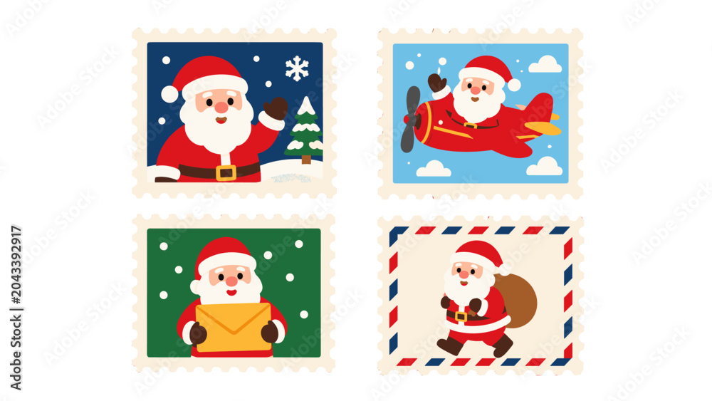 Fototapeta premium Christmas postage stamp set with Santa and holiday mail icons