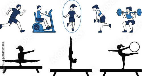 Schilderij op canvas Fitness and Gymnastics Exercise Illustration Set Featuring Cardio Training Weigh