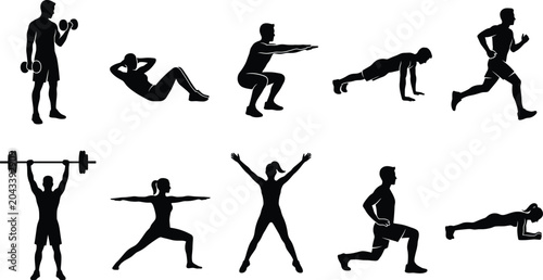 Quadro su tela Fitness Exercise Silhouette Collection Featuring Running Weightlifting Squats Pu