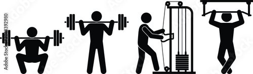 Photos Gym Workout Stick Figure Icons Set Featuring Squats Weightlifting Cable Machine