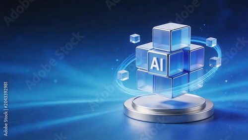 Modern AI cube platform with transparent digital blocks and futuristic technology background, idea for artificial intelligence solutions, automation systems and innovation concepts