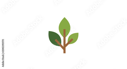 Minimalist graphic of a stylized plant with green leaves and a brown stem on white background