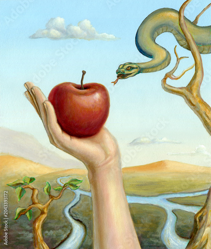 Eve picking up the forbidden fruit