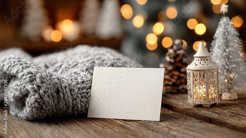 Cozy Knitted Winter Scarf With Blank Card Displayed On Rustic Wooden Table With Festive Bokeh Lights