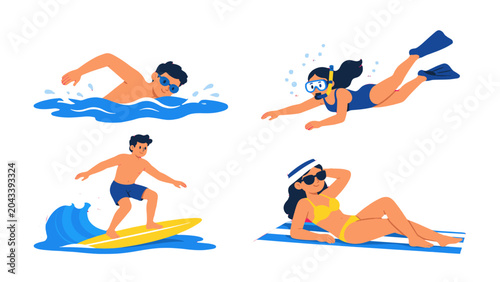 Foto People swimming, snorkeling, surfing and sunbathing illustration