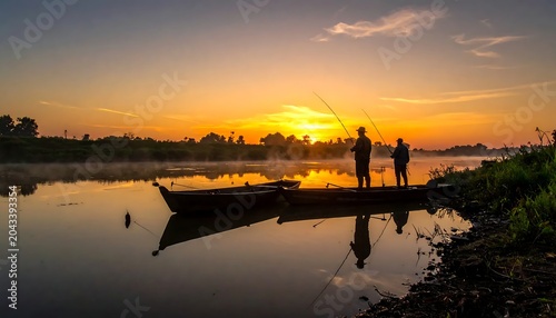Silhouetted Fishermen Standing with Rods on Wooden Boat at Sunrise River