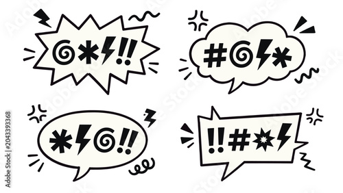 Hand drawn comic speech bubbles with censored swear symbols