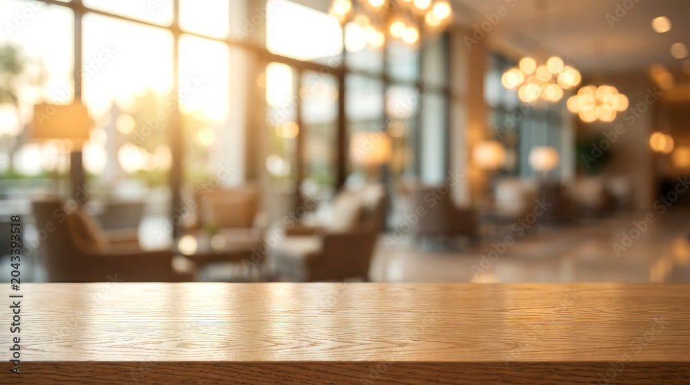 Fototapeta premium Empty wooden tabletop for product display in blurred luxury hotel lobby restaurant with warm sunset light bokeh