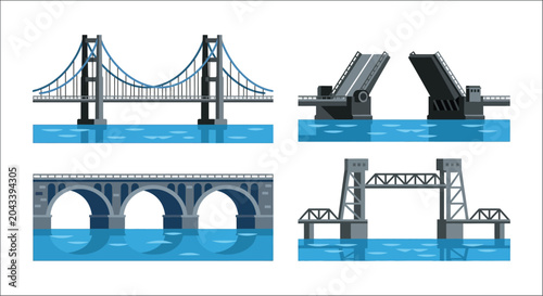 Φωτογραφία Bridge Structures Vector Illustration Set With Water Reflections