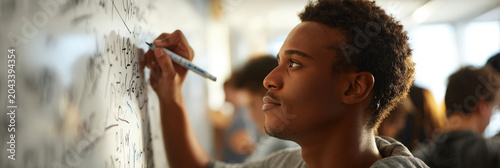 Close up of a concentrated student writing mathematical equations on a whiteboard in a bright classroom. Concept of education  learning process  analytical thinking and problem solving skills.