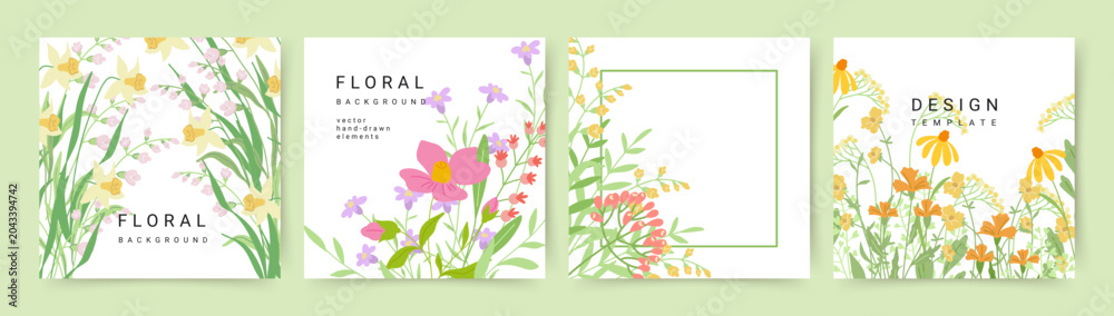 Obraz premium Set of backgrounds with cute hand drawn spring and summer flowers. Vector template for greeting card, Mother's Day, Easter, birthday, invitation, save the date, social media