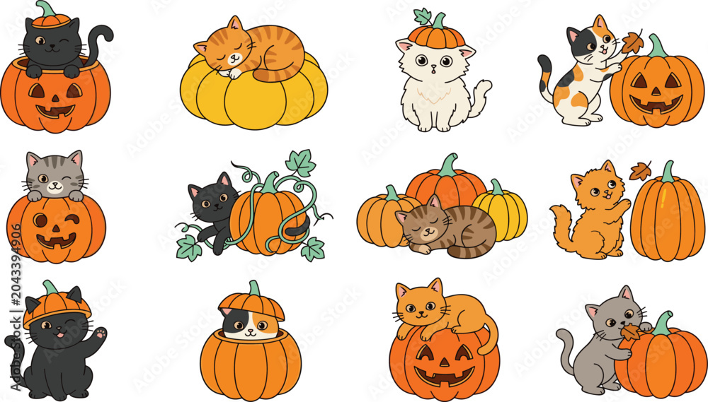 Fototapeta premium Cute Halloween Cat and Pumpkin Collection Featuring Adorable Kittens Jack O Lanterns Autumn Decor and Festive Cartoon Vector Set