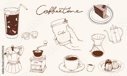 Foto おしゃれなコーヒータイムの手描き線画セット｜Coffee Time Illustration