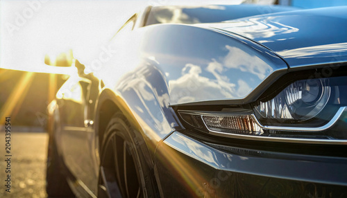 Close up of a chrome car bumper under harsh midday sun with bright light flare