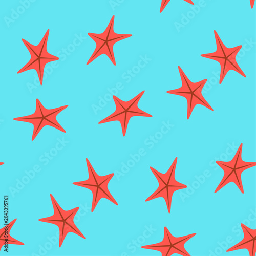 Multiple red starfish shapes on a blue background create a vibrant ocean animal pattern suitable for sea lifeinspired designs.