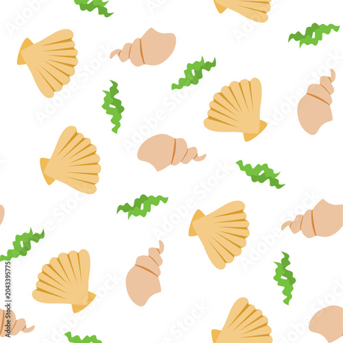 Yellow scallop shells, tan spiral sea snail shells, green seaweed create a decorative pattern. Perfect for oceanthemed designs and nature backgrounds.