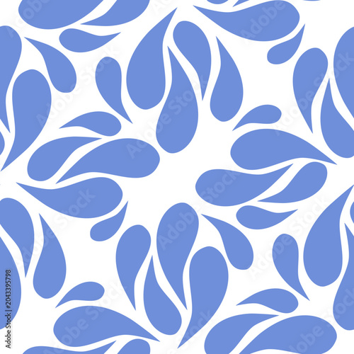 Repeated blue teardrop shapes on white background, artistic digital vector graphic pattern suitable for textile prints, packaging designs.