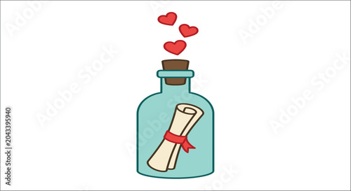 Tableau sur toile Glass bottle with scroll and hearts vector illustration