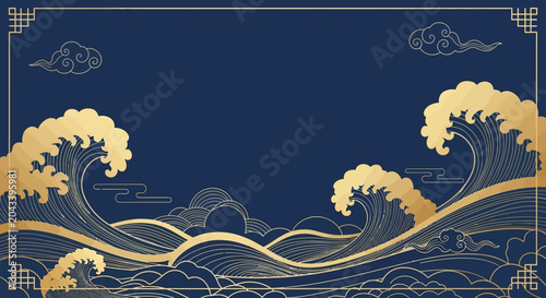 An elegant illustration of ocean waves with gold accents and a dark blue background