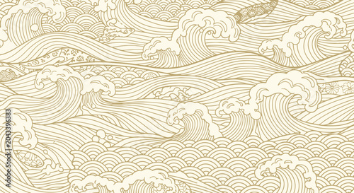 An artistic illustration of ocean waves in a repeating pattern with a vintage style design