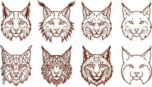 Photography Set of lynx cat head portraits detailed artistic drawings geometric tribal and simple styles