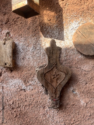 A collection of antique, rustic wooden objects from Morocco. 