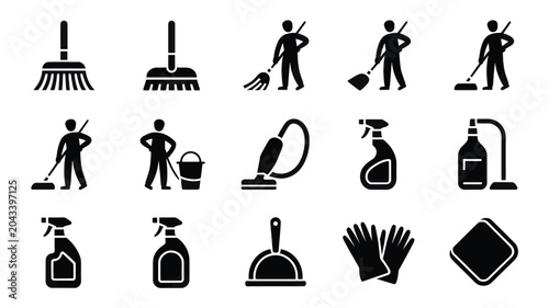 Foto Set of 15 Black Cleaning Service Icons Vector
