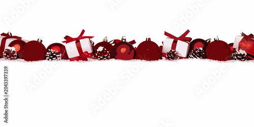 Schilderij op canvas Red christmas ornaments and pinecones on a white background