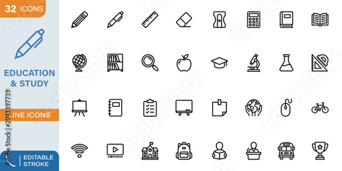 32 Education and study line icons set. Big UI icon set in a flat design. Thin outline icons pack. Vector illustration.