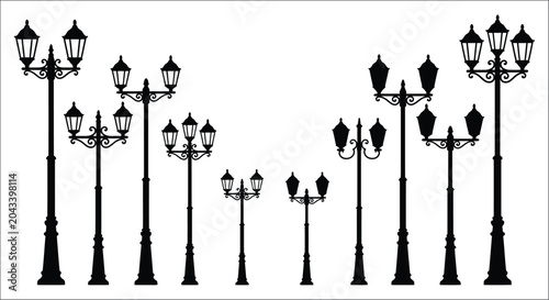 Obraz na płótnie Street Lamp Silhouettes On White Background Decorative Urban Lighting