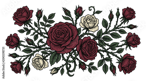 A symmetrical botanical arrangement of dark crimson and cream roses accented with sharp thorns and deep green leaves created in a bold, illustrative graphic style.