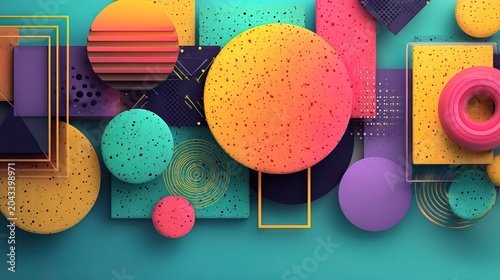 Vibrant Geometric Abstract Shapes Arrangement Composition with Textured Surfaces and Gradients