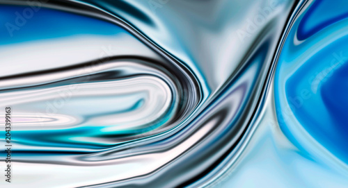 Shiny blue metallic liquid surface with flowing silver highlights showing dynamic chrome texture reflection.