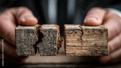 Close Up Macro Detail of Two Dry Cracked Wooden Blocks Held by Hands in a Studio Setting