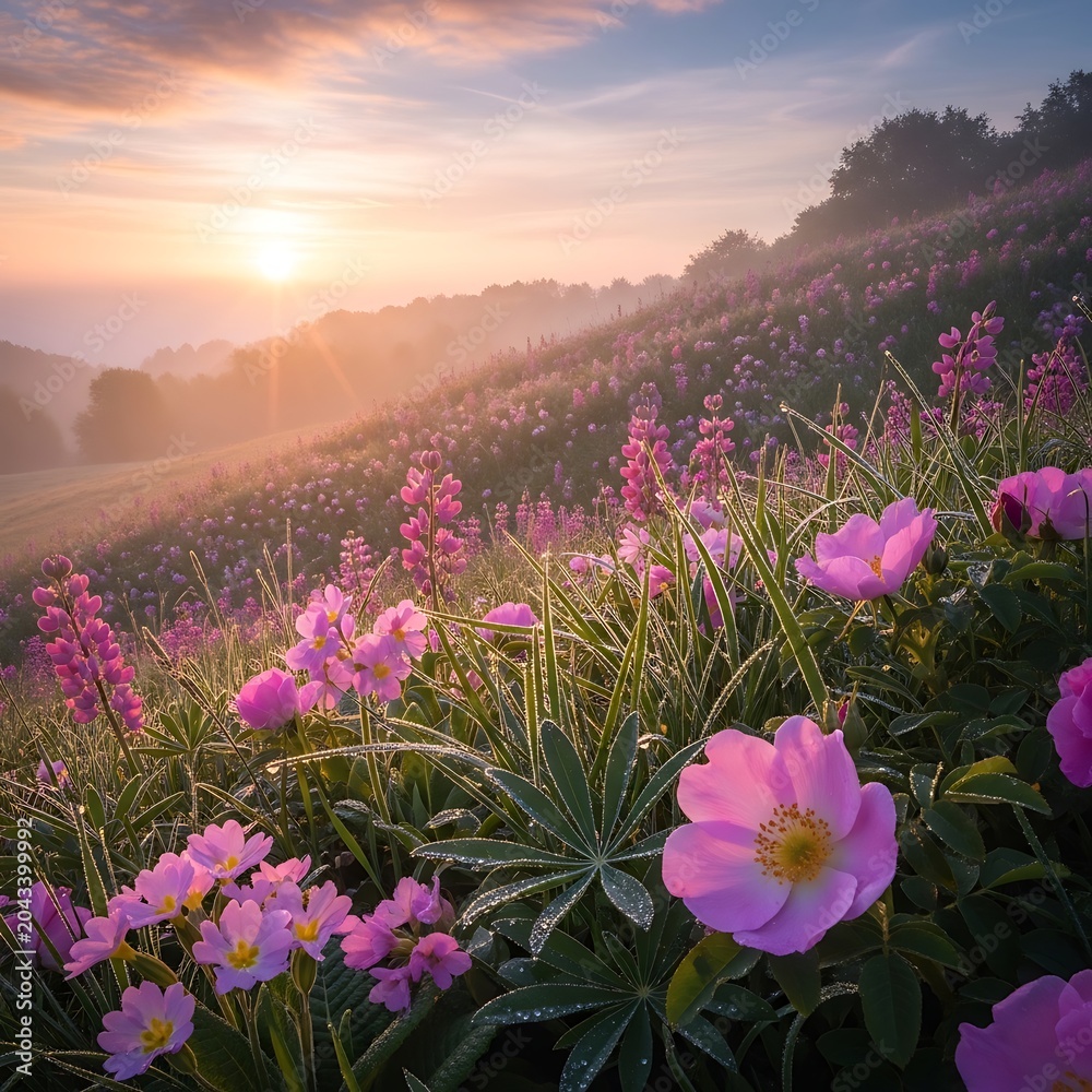 Obraz premium Beautiful pink wildflowers blooming on a misty hillside at sunrise.