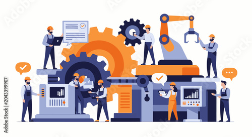 Factory workers operate complex machinery and robotic arms in a modern industrial setting