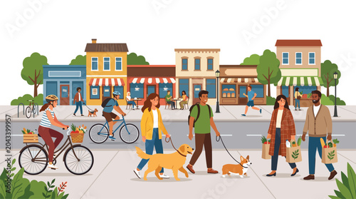 A lively urban street scene featuring diverse pedestrians walking dogs and cycling past quaint colorful retail storefronts on a bright sunny day outdoor city setting.